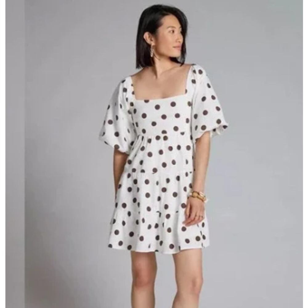 Anthropologie White Mini Dress with Black Polka Dots and Square Neck